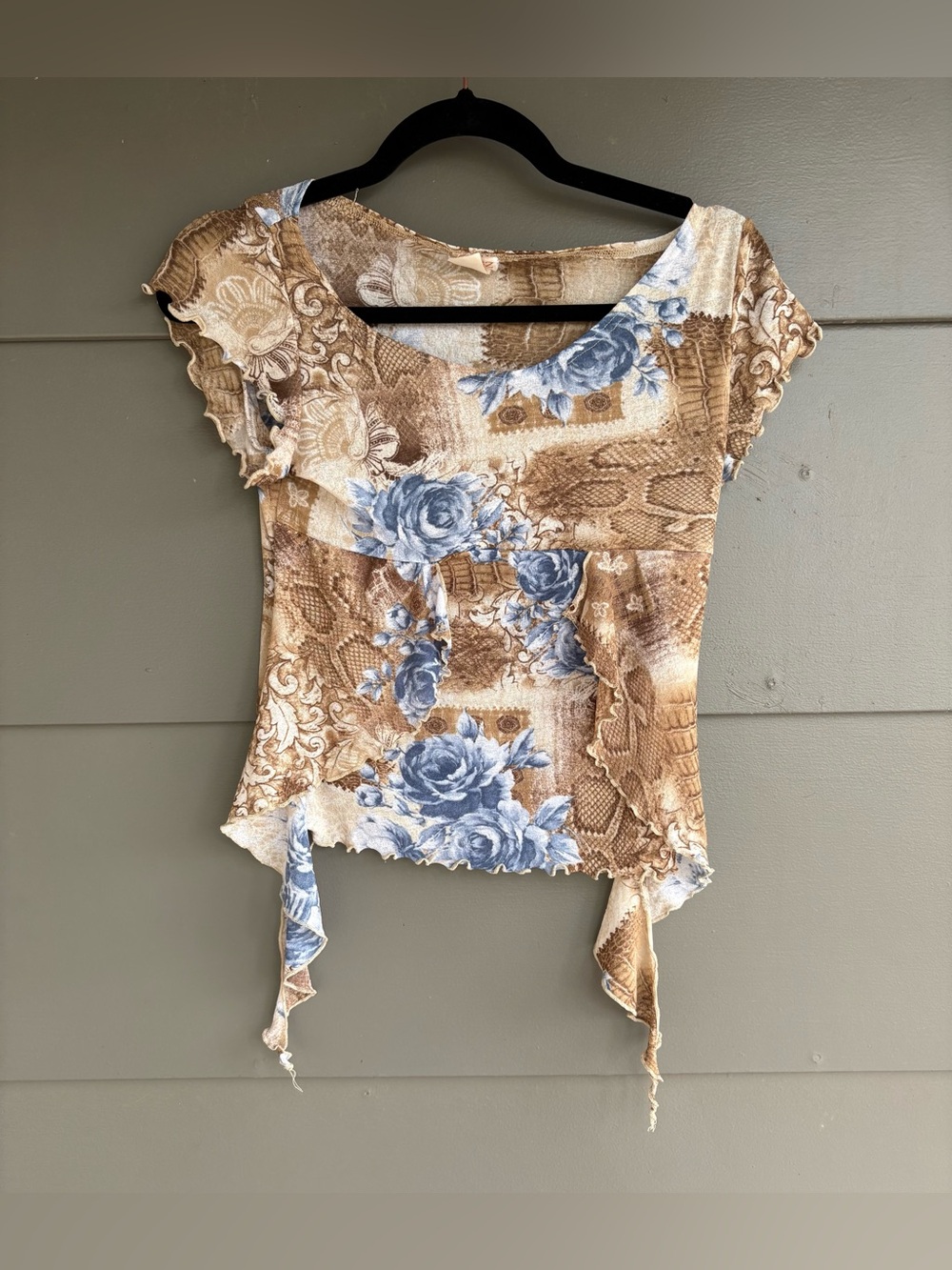 Y2K Vintage BZBZ Brown Mesh Floral Handkerchief Hem Top